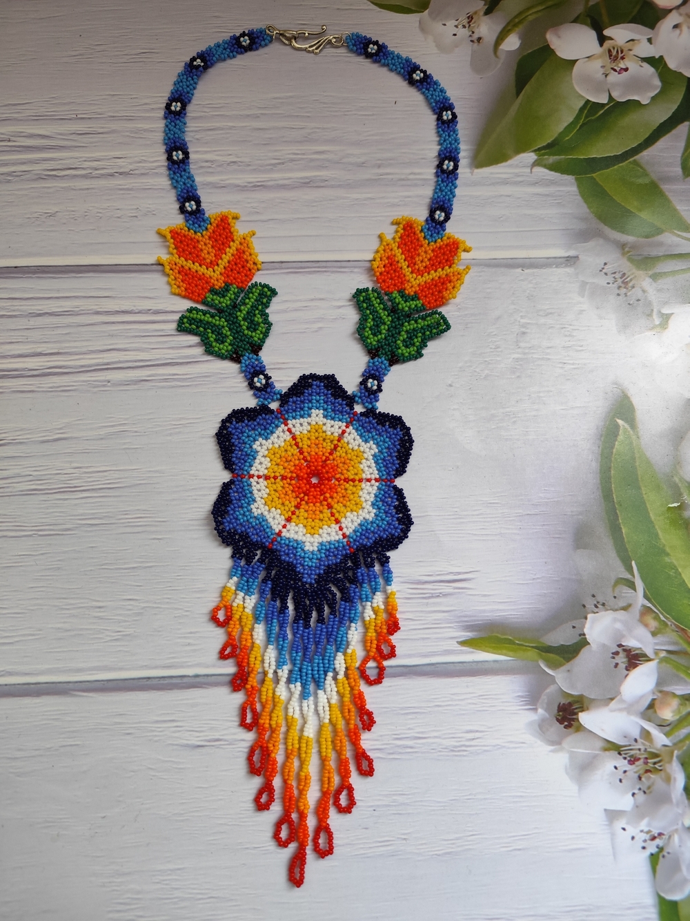 Handmade Multicolor Beaded Flower Statement Necklace - Picture 3 of 7